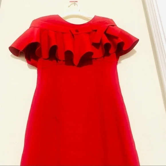 DONNA RICCO Rare Red ruffled removable shoulder sheath dress women’s size 8P - Picture 4 of 12